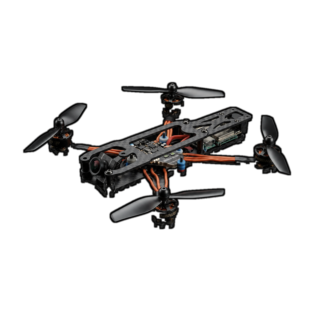 Render of the autonomous micro-UAV: carbon-fibre frame with flight controller, camera, four motors and propellers